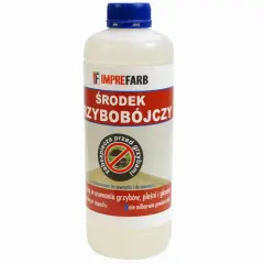 Butelka środka grzybobójczego Imprefarb. Skutecznie usuwa pleśń i grzyby z powierzchni wewnątrz i na zewnątrz.
