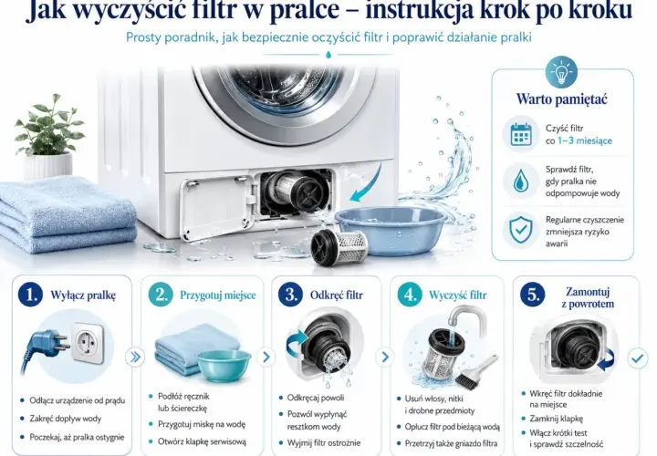 Instrukcja jak odkamienić pralkę: wyłącz, przygotuj miejsce, odkręć, wyczyść i zamontuj filtr. Regularne czyszczenie zapobiega awariom.