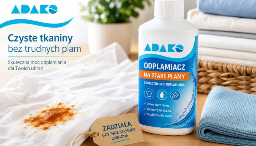 Butelka ADaKO Odplamiacz na stare plamy obok białej koszulki z trudnymi plamami niewiadomego pochodzenia.