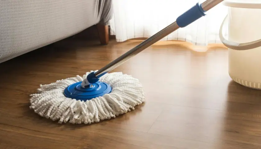 Mop na drewnianej podłodze, obok wiaderka. Idealny do pytania: czym myć panele.