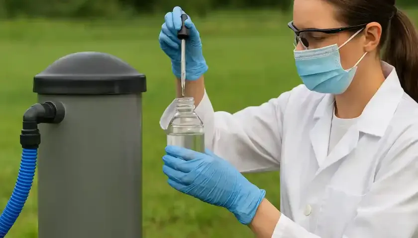 Naukowczyni w masce i rękawiczkach pobiera próbkę wody do analizy, dbając o dezynfekcję studni głębinowej.